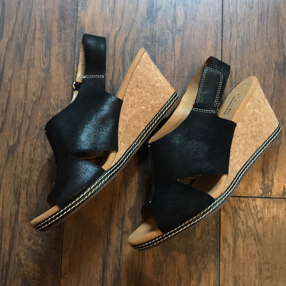 Clark’s Collection Black Suede Wedged Sandals - Picture 2 of 7